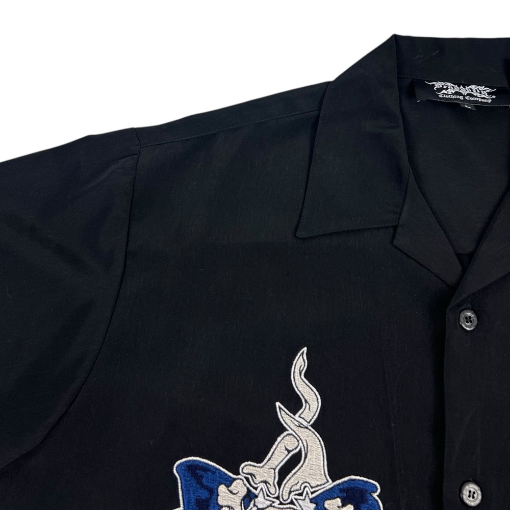 Dragonfly Mens Large Shirt Button Front Black Embroidered Skull Flag Vintage - Picture 14 of 14
